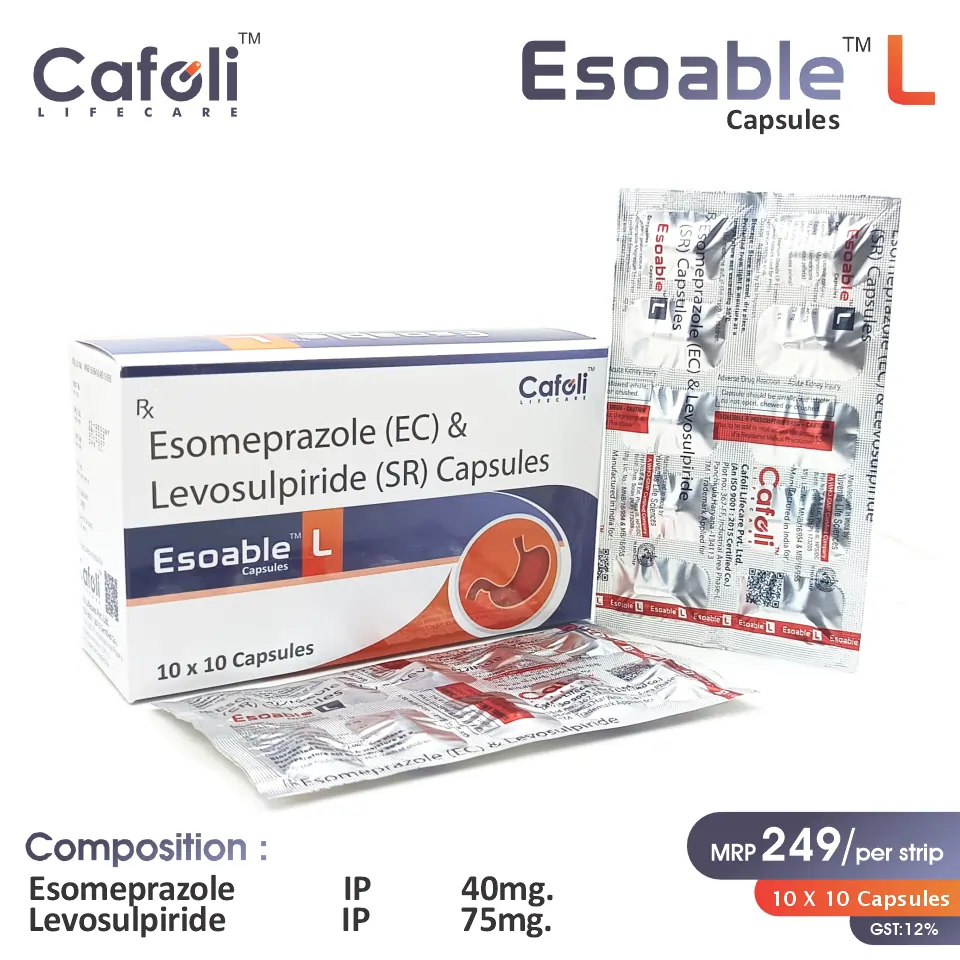 Levosulpiride 75mg + Esomeprazole 40mg Capsule at the best price in PCD Pharma Franchise for Gastroesophageal Disease Treatment.